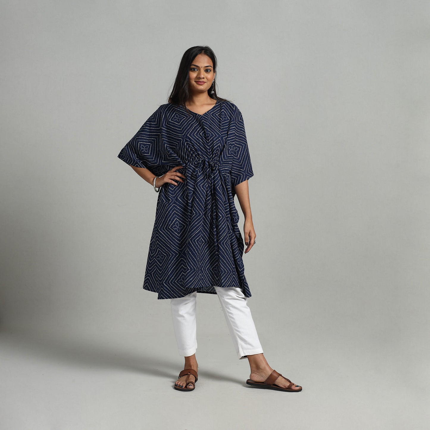 Sanganeri Printed Cotton Kaftan with Tie-Up Waist (Medium)