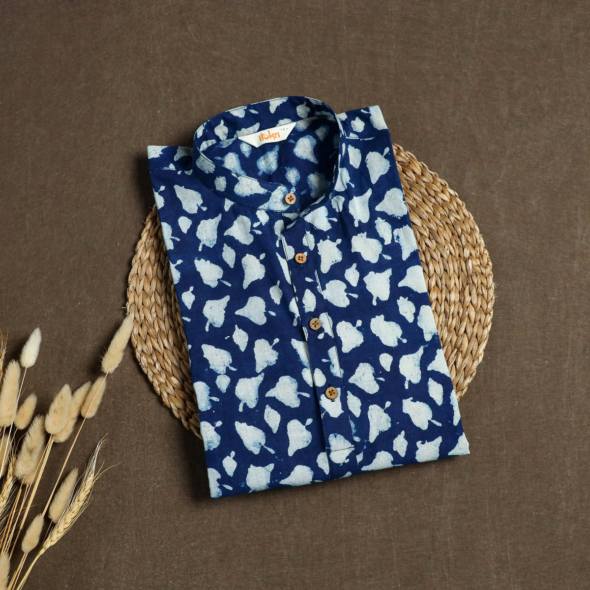 Indigo Bagru Block Print Natural Dyed Cotton Short Men Kurta 04
