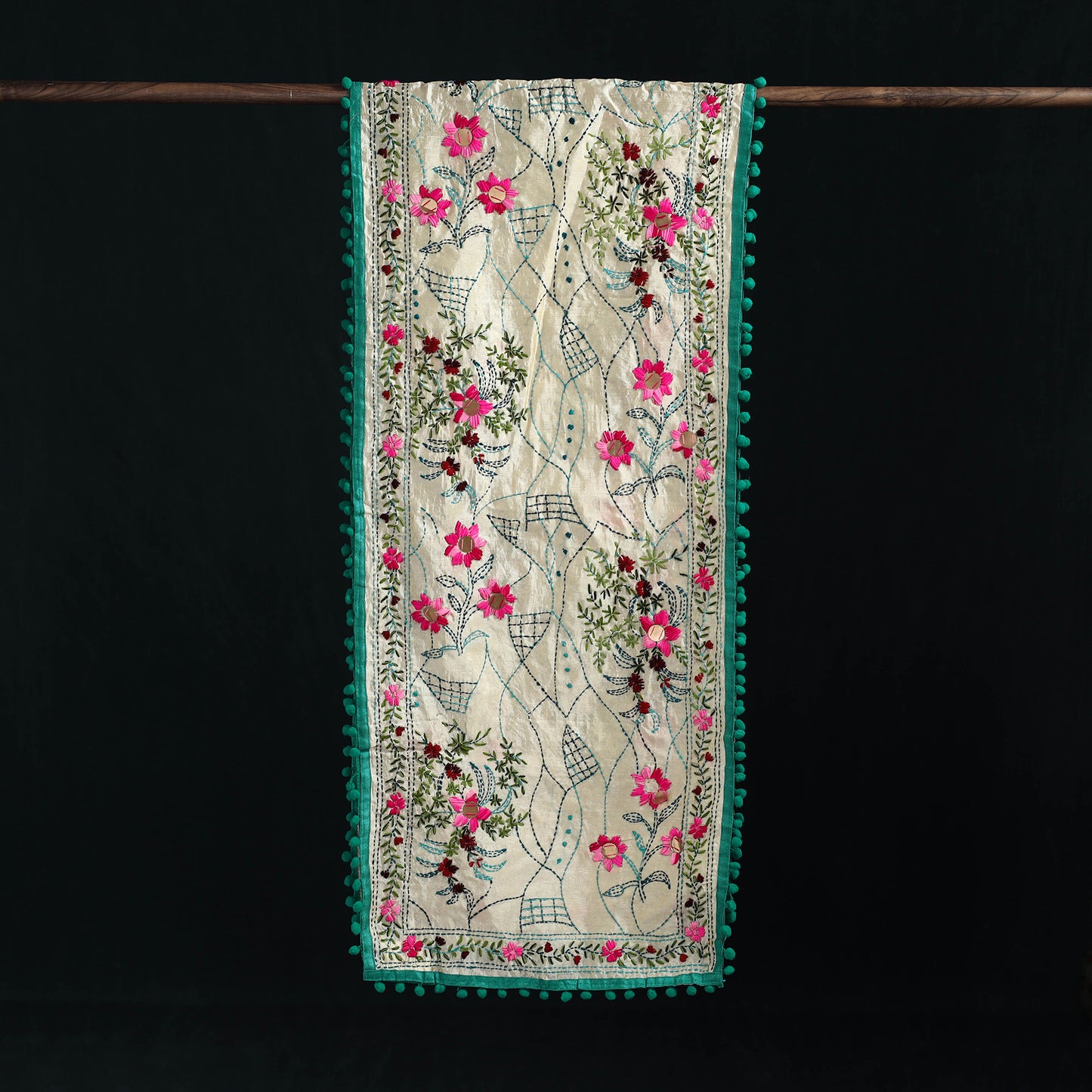 Ranihati Chanderi Silk Hand Embroidered Stole with Pom Pom 262