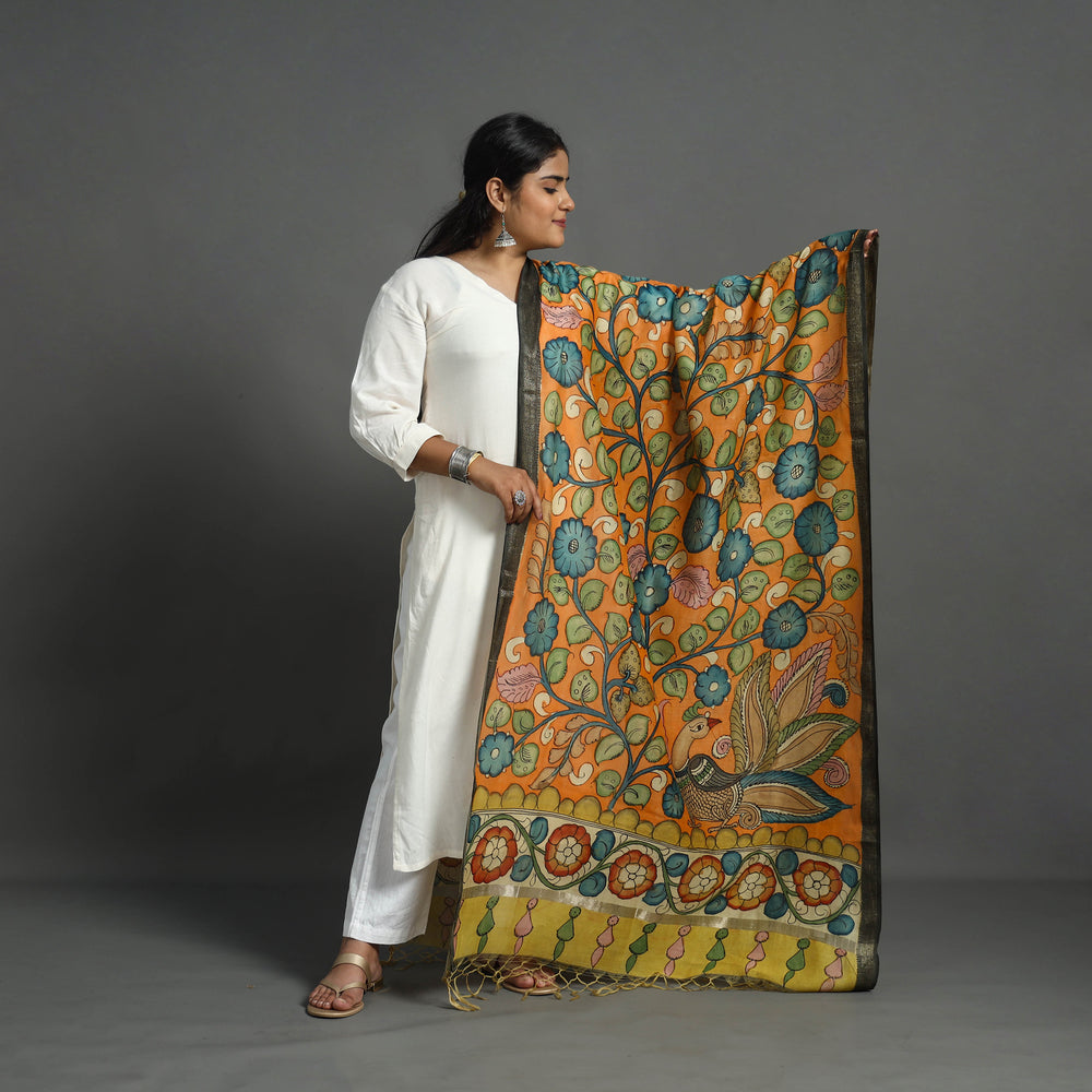 Orange - Chanderi Silk Handpainted Kalamkari Dupatta 15