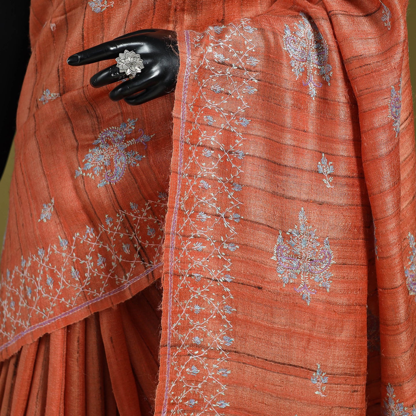 Orange - kashidakari hand embroidery ghicha tussar silk
