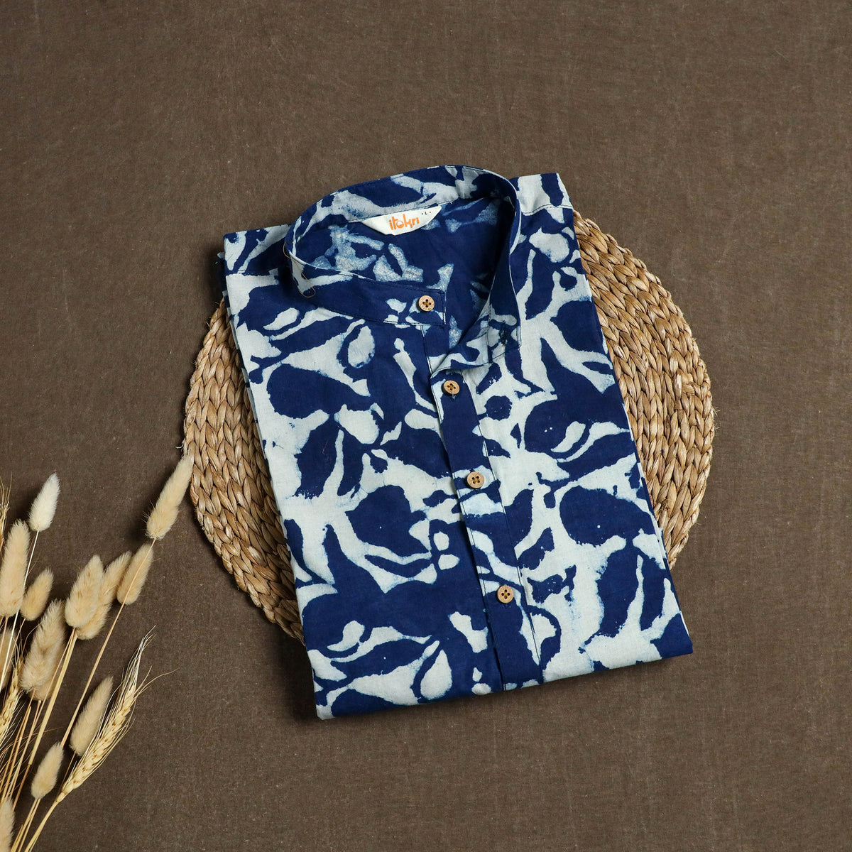 Indigo Bagru Block Print Natural Dyed Cotton Short Men Kurta 09