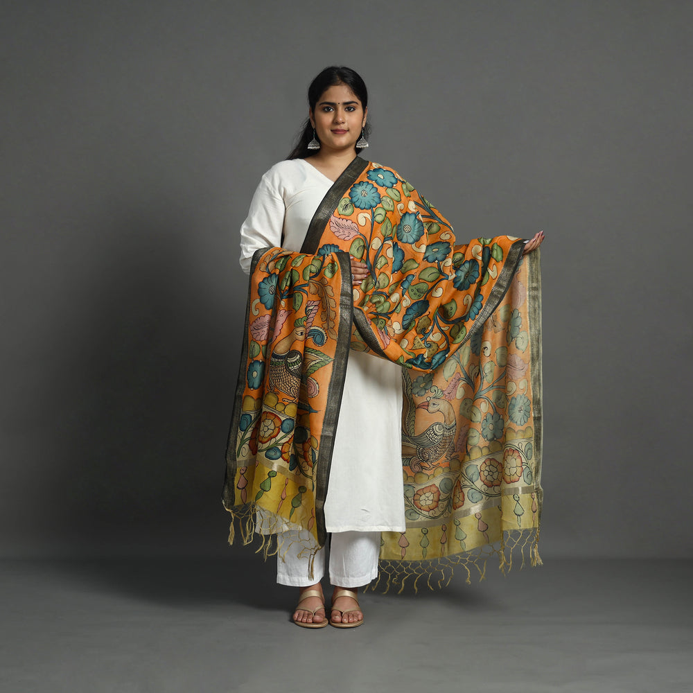 Orange - Chanderi Silk Handpainted Kalamkari Dupatta 15