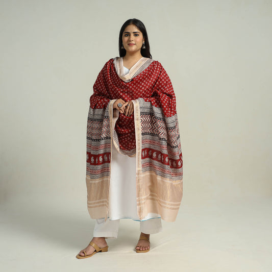 Red - Traditional Maheshwari Silk Bagh Print Dupatta 04