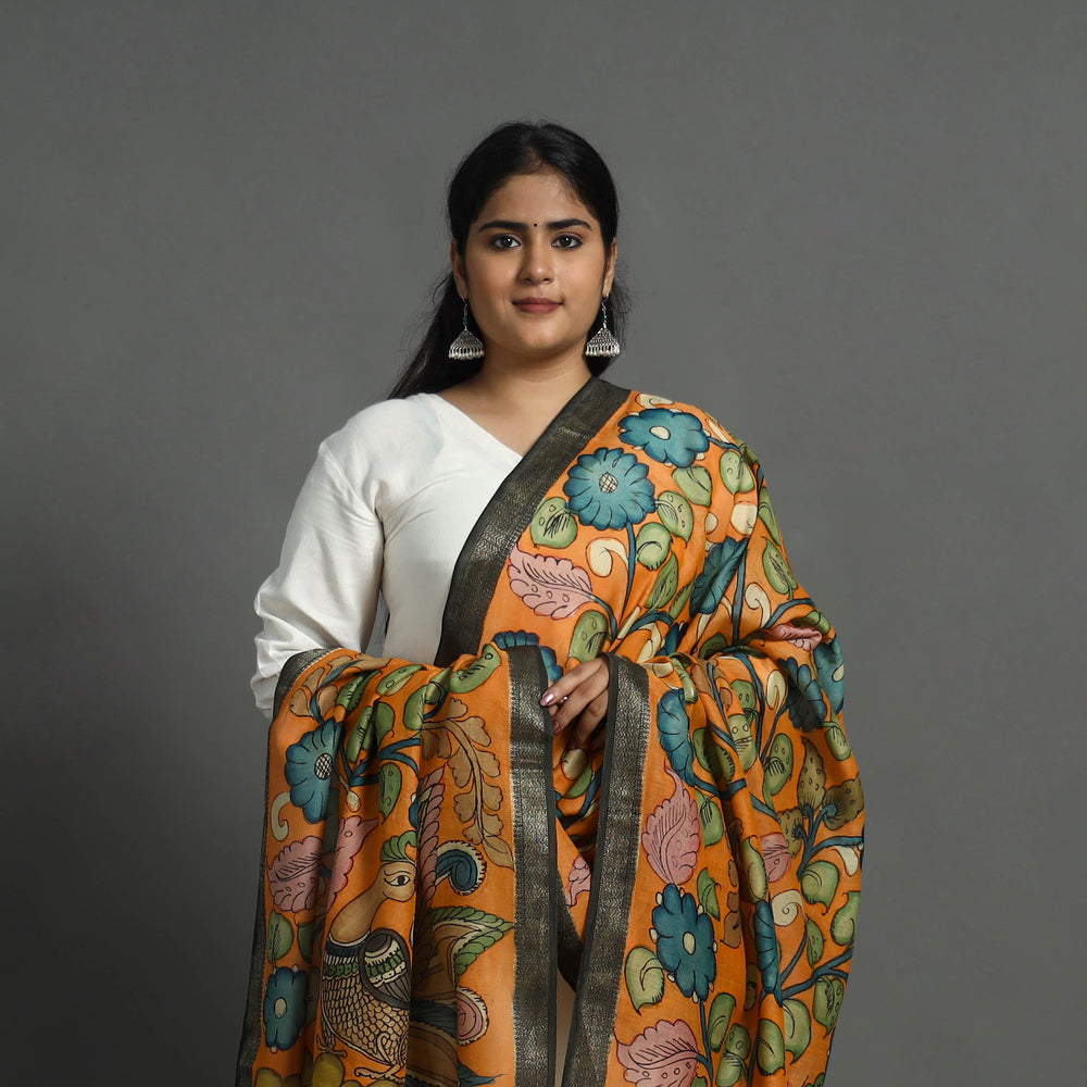 Orange - Chanderi Silk Handpainted Kalamkari Dupatta 15