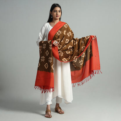 Brown - Pochampally Ikat Handloom Cotton Dupatta with Tassels 32