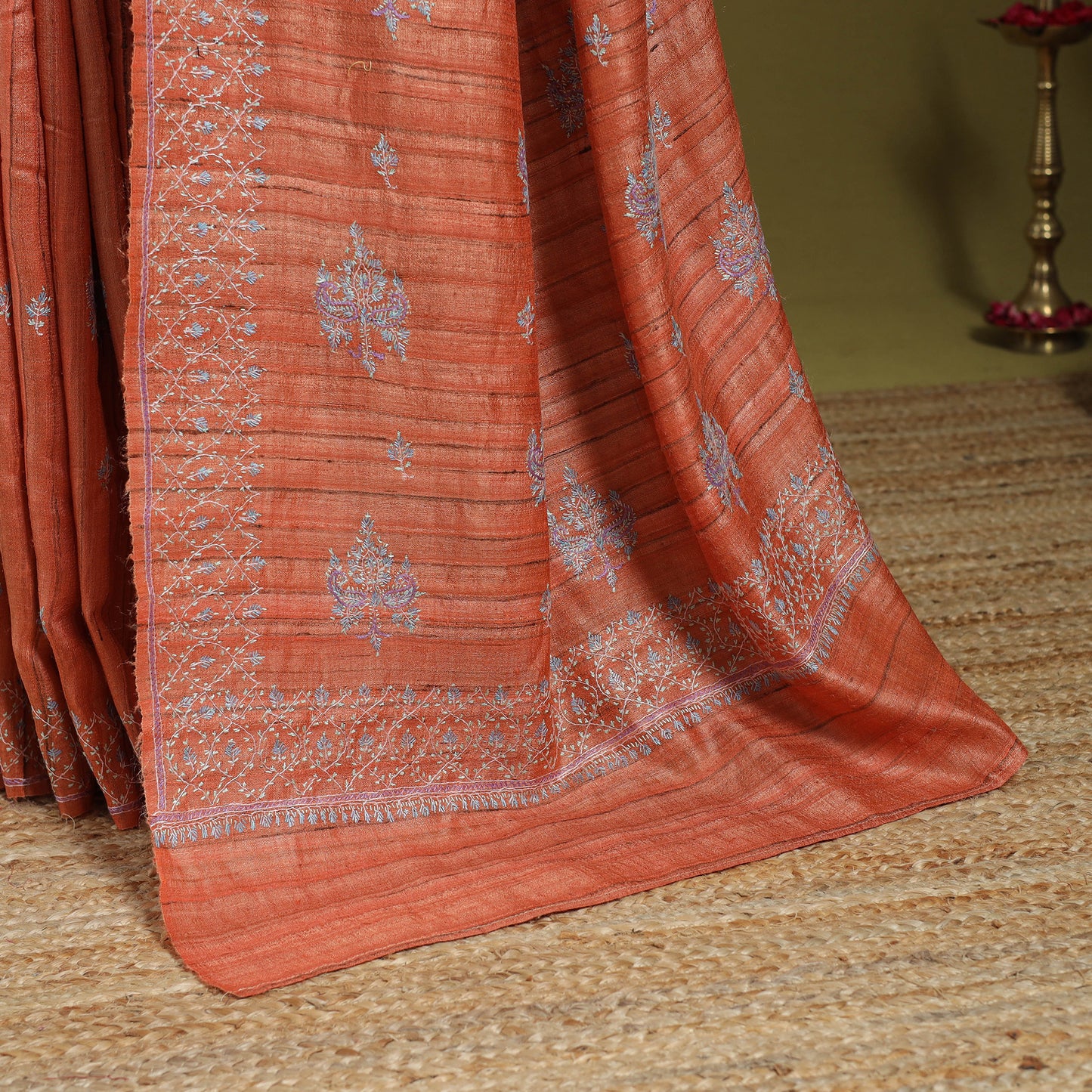 Orange - kashidakari hand embroidery ghicha tussar silk