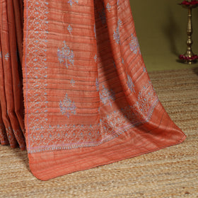 Orange - kashidakari hand embroidery ghicha tussar silk