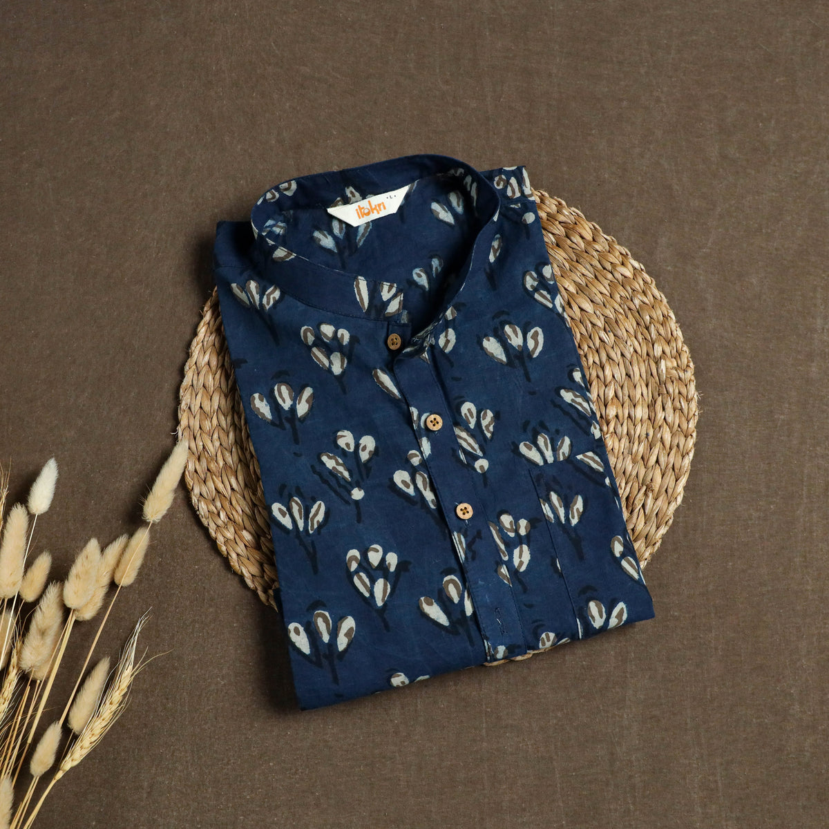Indigo Bagru Block Print Natural Dyed Cotton Short Men Kurta 08