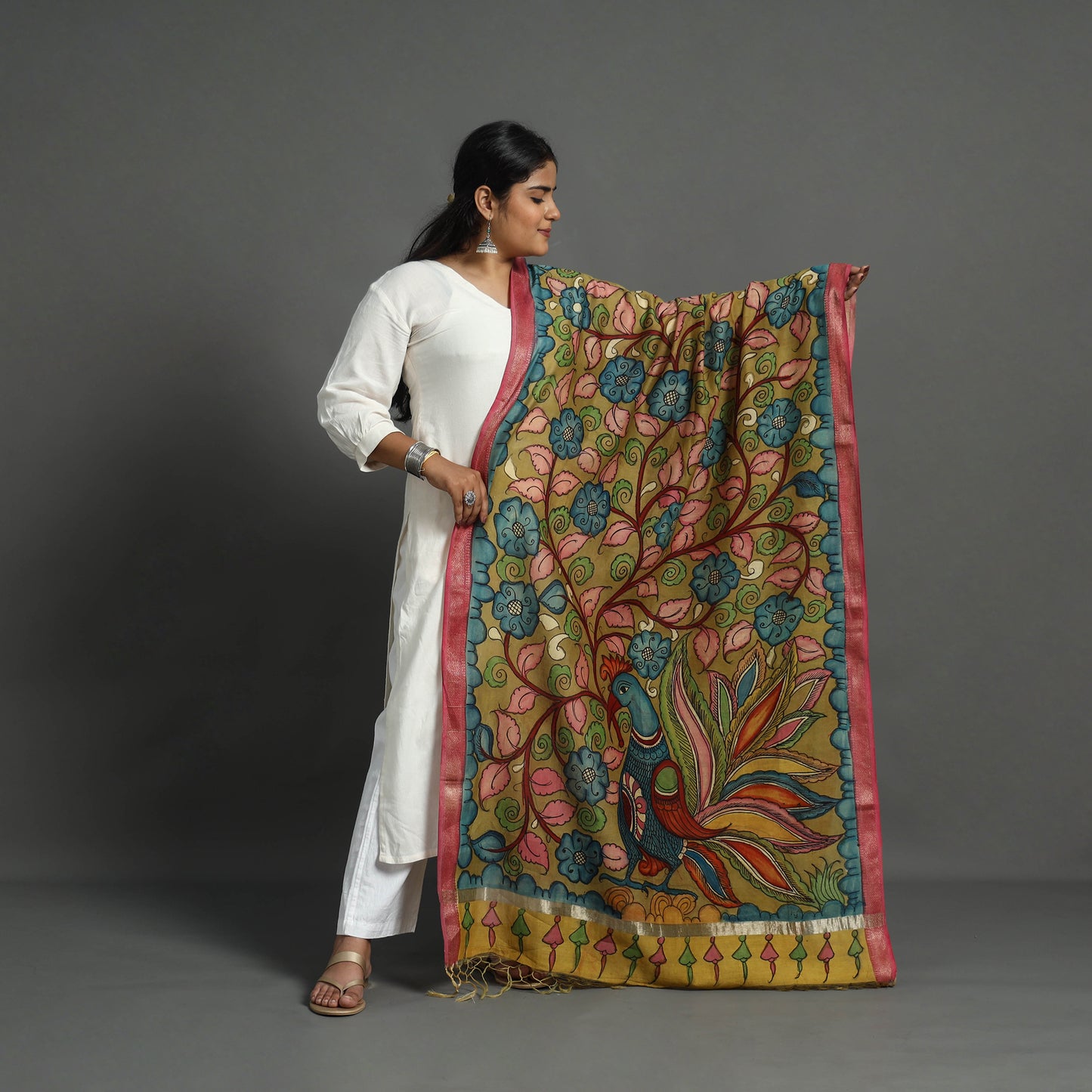 Brown - Chanderi Silk Handpainted Kalamkari Dupatta 16