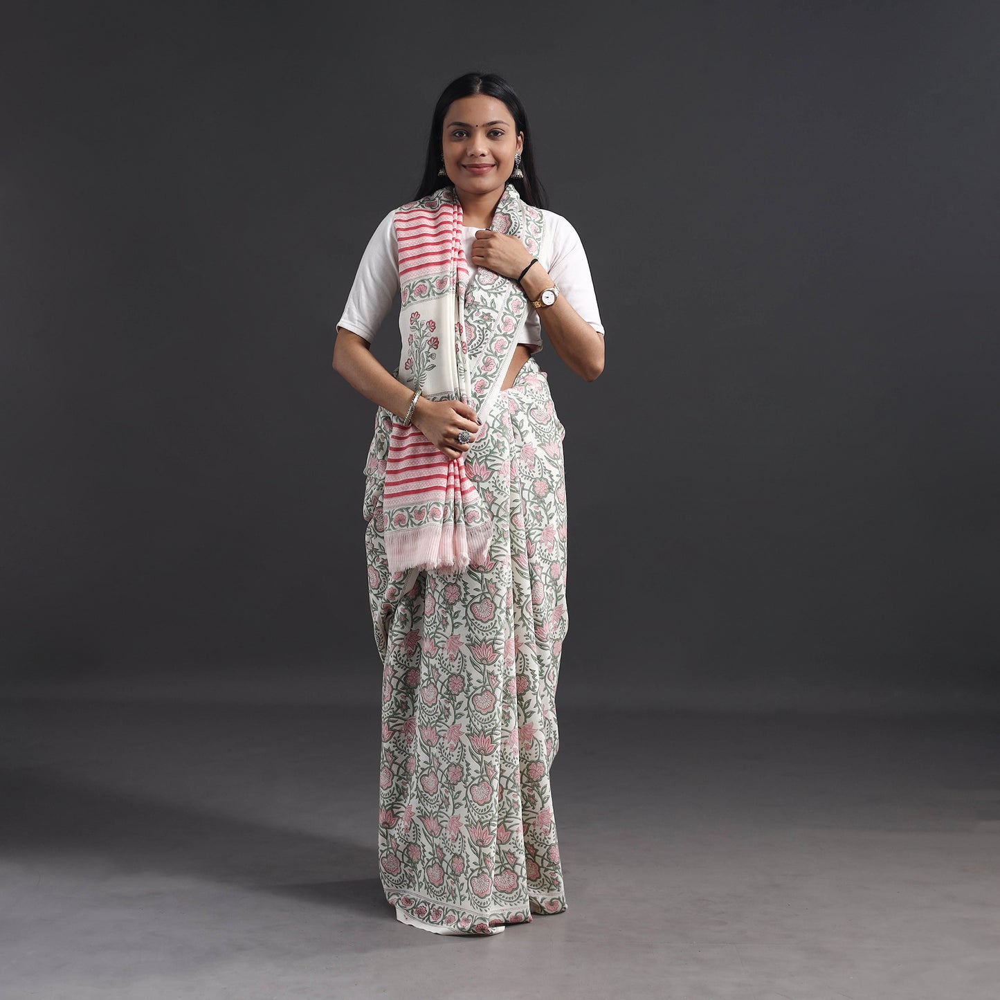 Pink - Hand Block Print Merino Wool Sanganeri Saree 07