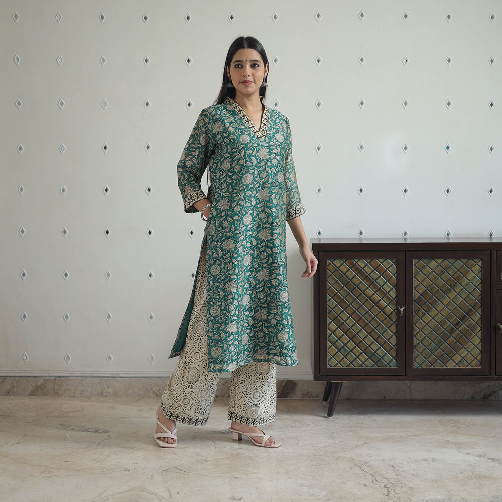 Green - Hand Block Bagru Print Chanderi Silk Kurta Set 03