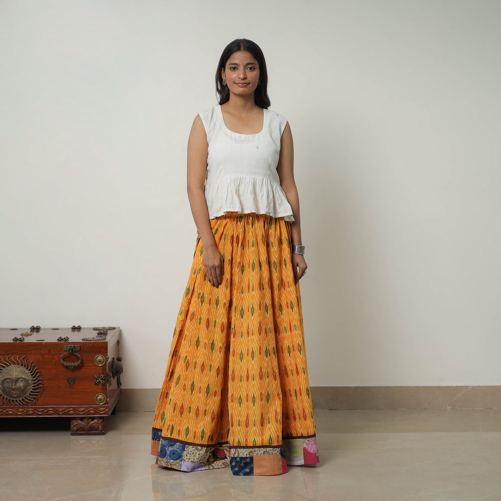 Orange - 24 Kali Cotton Pochampally Ikat Skirt with Border 14