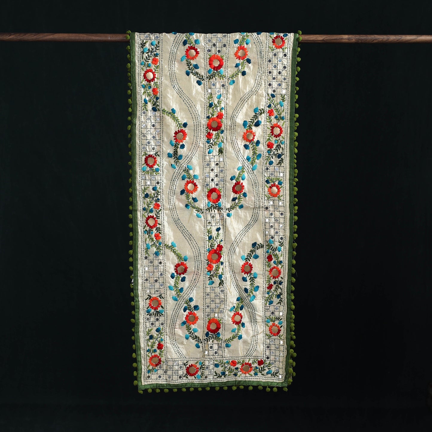 Ranihati Chanderi Silk Hand Embroidered Stole with Pom Pom 258