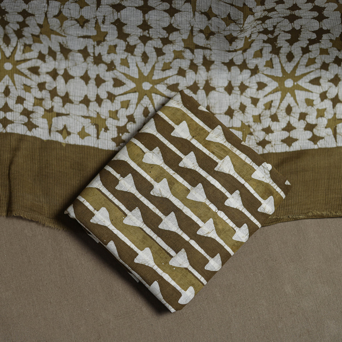 Kutch Hand Batik Print Cotton Unstitched Dress Material: Kurta, Bottom & Dupatta 05