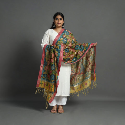 Brown - Chanderi Silk Handpainted Kalamkari Dupatta 16