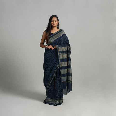 Blue - Akola Block Printed Chanderi Silk Saree with Zari Border