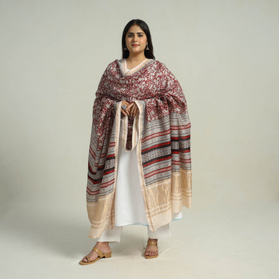 Red - Traditional Maheshwari Silk Bagh Print Dupatta 05