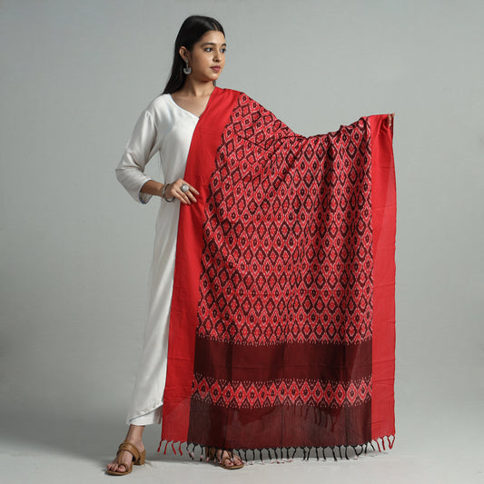 Red - Pochampally Ikat Handloom Cotton Dupatta with Tassels 33