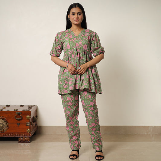 Green - Sanganeri Block Printed Cotton Co-Ord Set 27