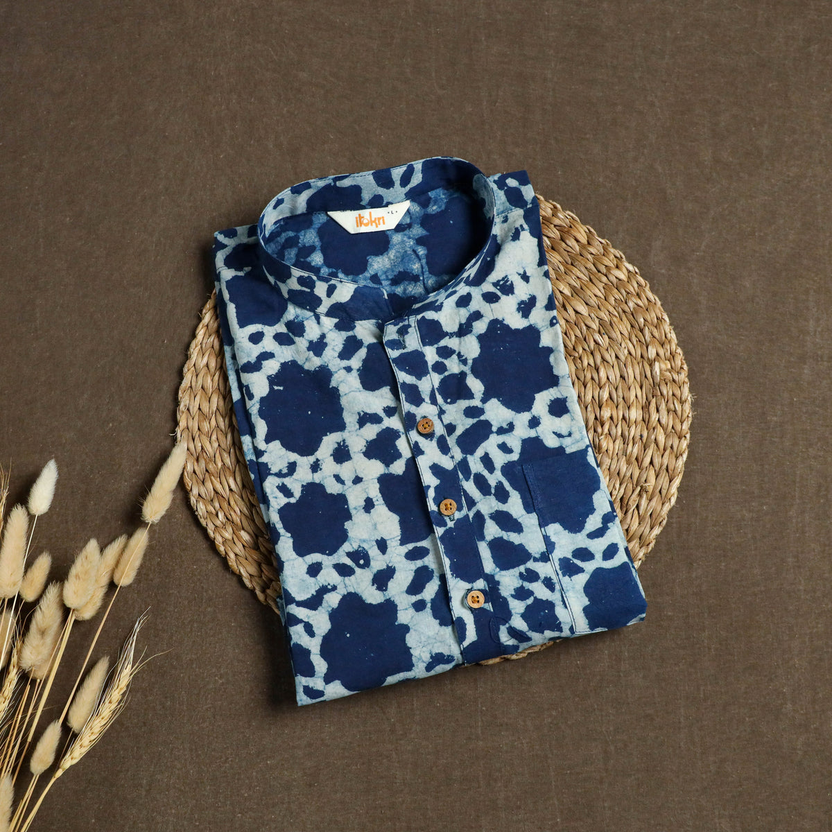 Indigo Bagru Block Print Natural Dyed Cotton Short Men Kurta 07