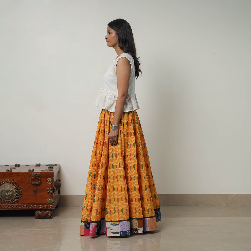 Orange - 24 Kali Cotton Pochampally Ikat Skirt with Border 14