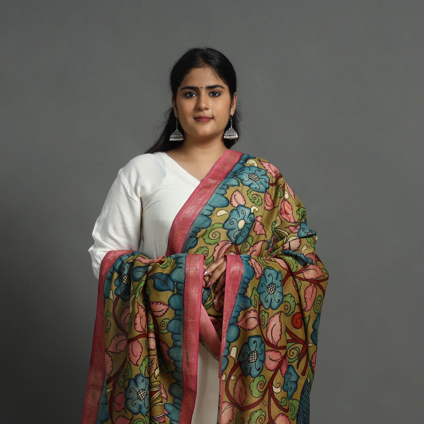 Brown - Chanderi Silk Handpainted Kalamkari Dupatta 16