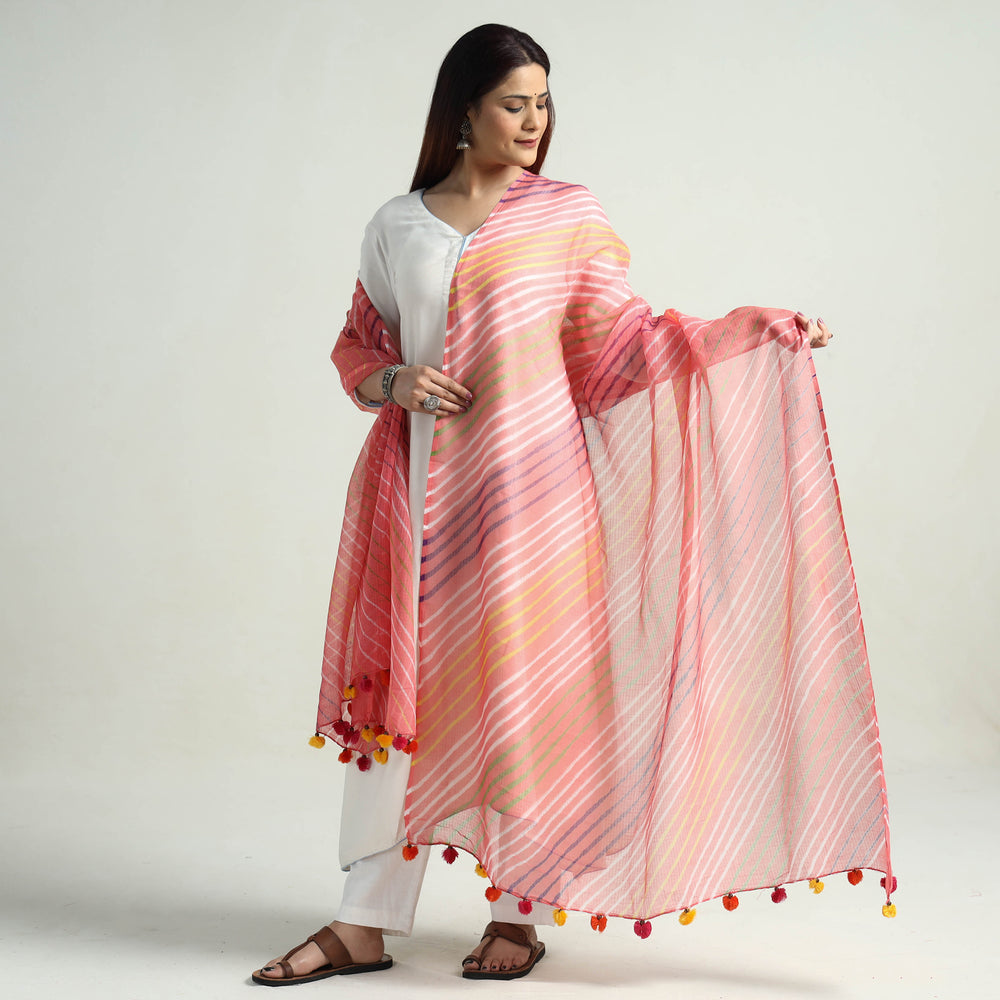 Pink - Leheriya Tie-Dye Kota Doria Cotton Dupatta with Tassels 77