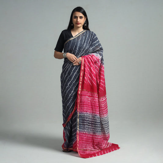 Grey - Shibori Tie-Dye Chanderi Silk Saree with Zari Border