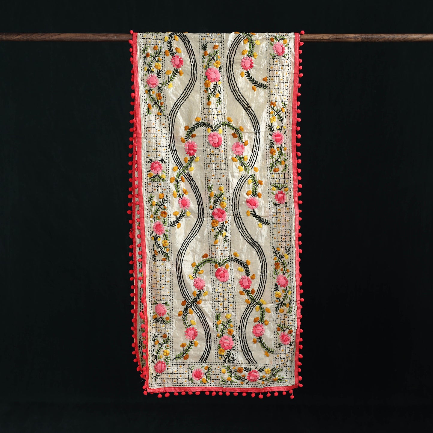 Ranihati Chanderi Silk Hand Embroidered Stole with Pom Pom 257