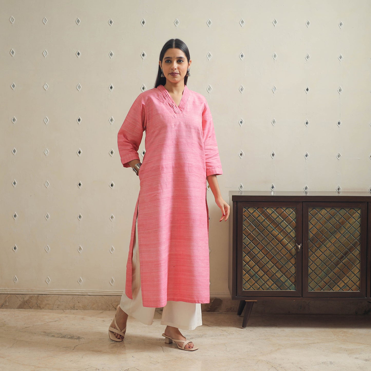 Pink - Bhagalpuri Handwoven Desi Tussar Silk Plain Kurta 08