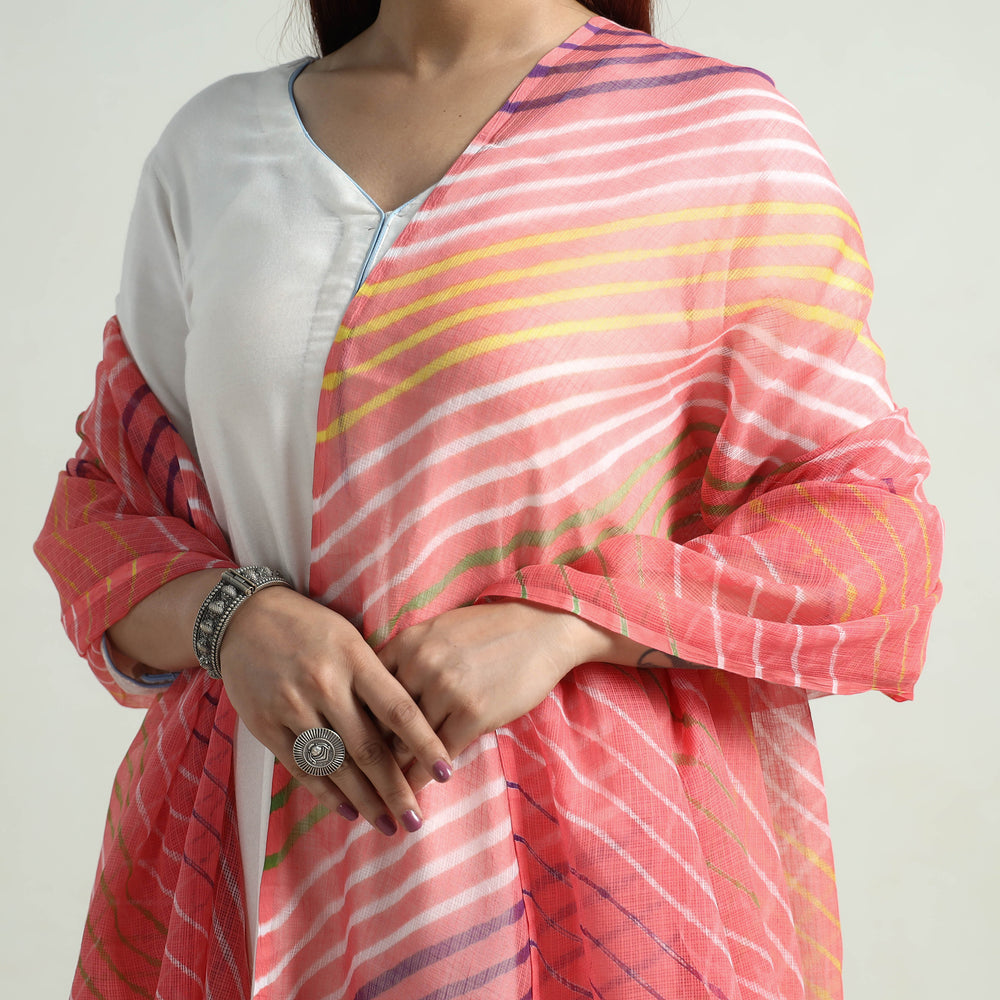 Pink - Leheriya Tie-Dye Kota Doria Cotton Dupatta with Tassels 77