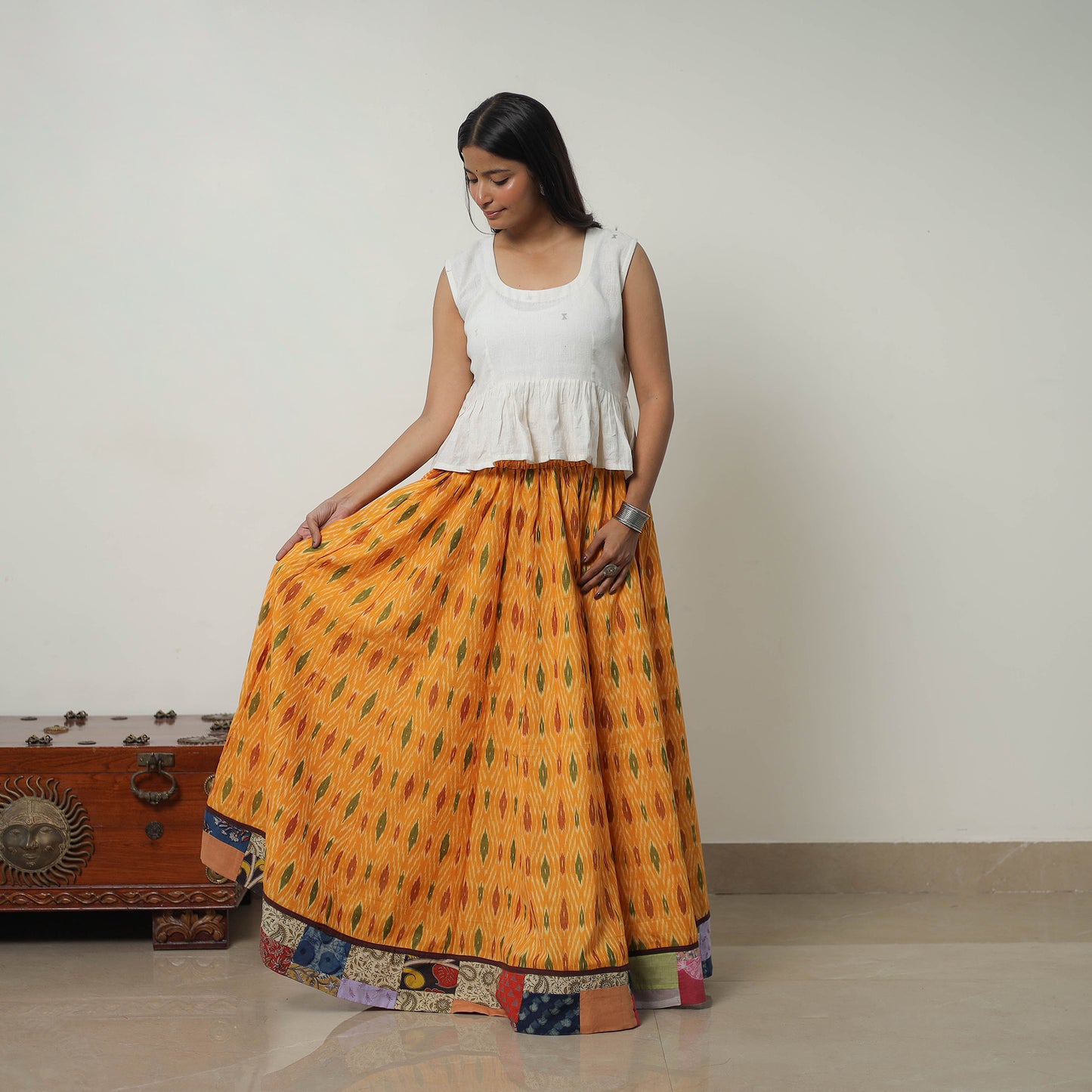 Orange - 24 Kali Cotton Pochampally Ikat Skirt with Border 14