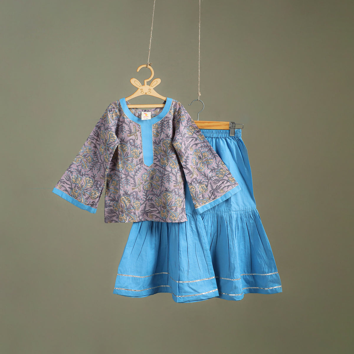 Girls Gota Work Floral Block Print Cotton Kurta with Sharara Set (3-4 Years) 06