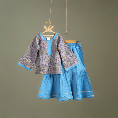 Girls Gota Work Floral Block Print Cotton Kurta with Sharara Set (3-4 Years) 06