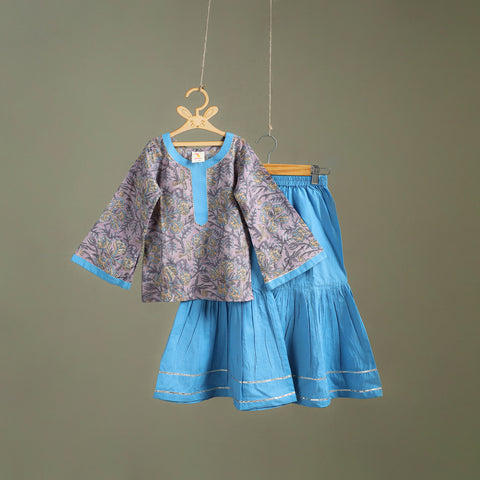 Girls Gota Work Floral Block Print Cotton Kurta with Sharara Set (3-4 Years) 06
