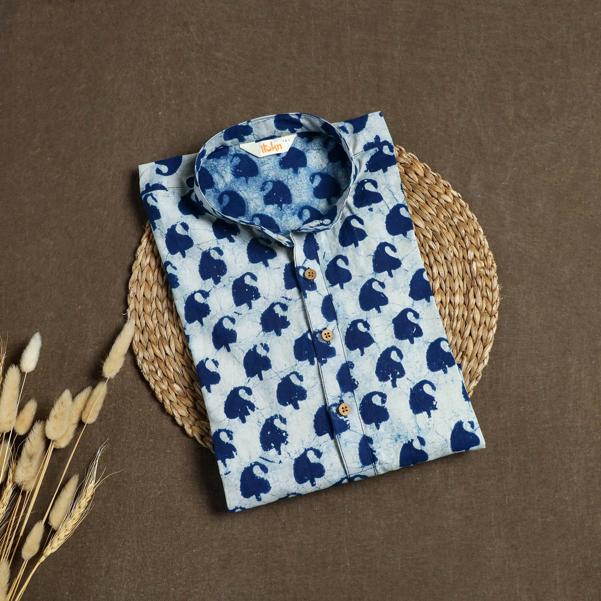 Indigo Bagru Block Print Natural Dyed Cotton Short Men Kurta 05