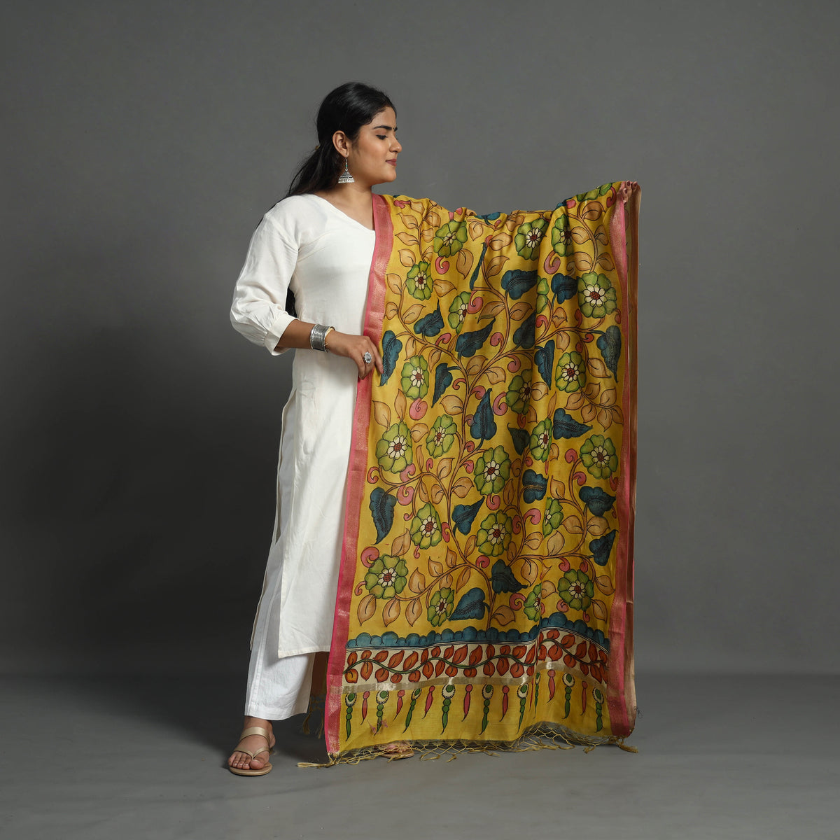 Yellow - Chanderi Silk Handpainted Kalamkari Dupatta 17