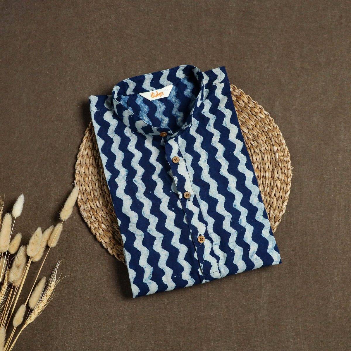 Indigo Bagru Block Print Natural Dyed Cotton Short Men Kurta 03