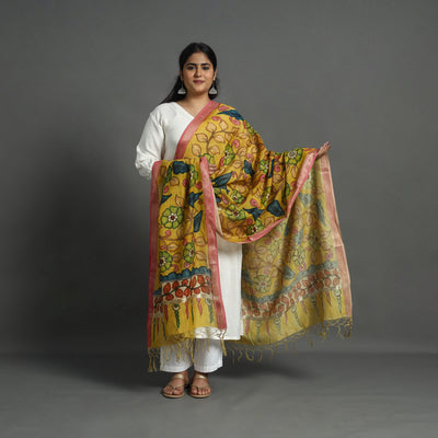 Yellow - Chanderi Silk Handpainted Kalamkari Dupatta 17