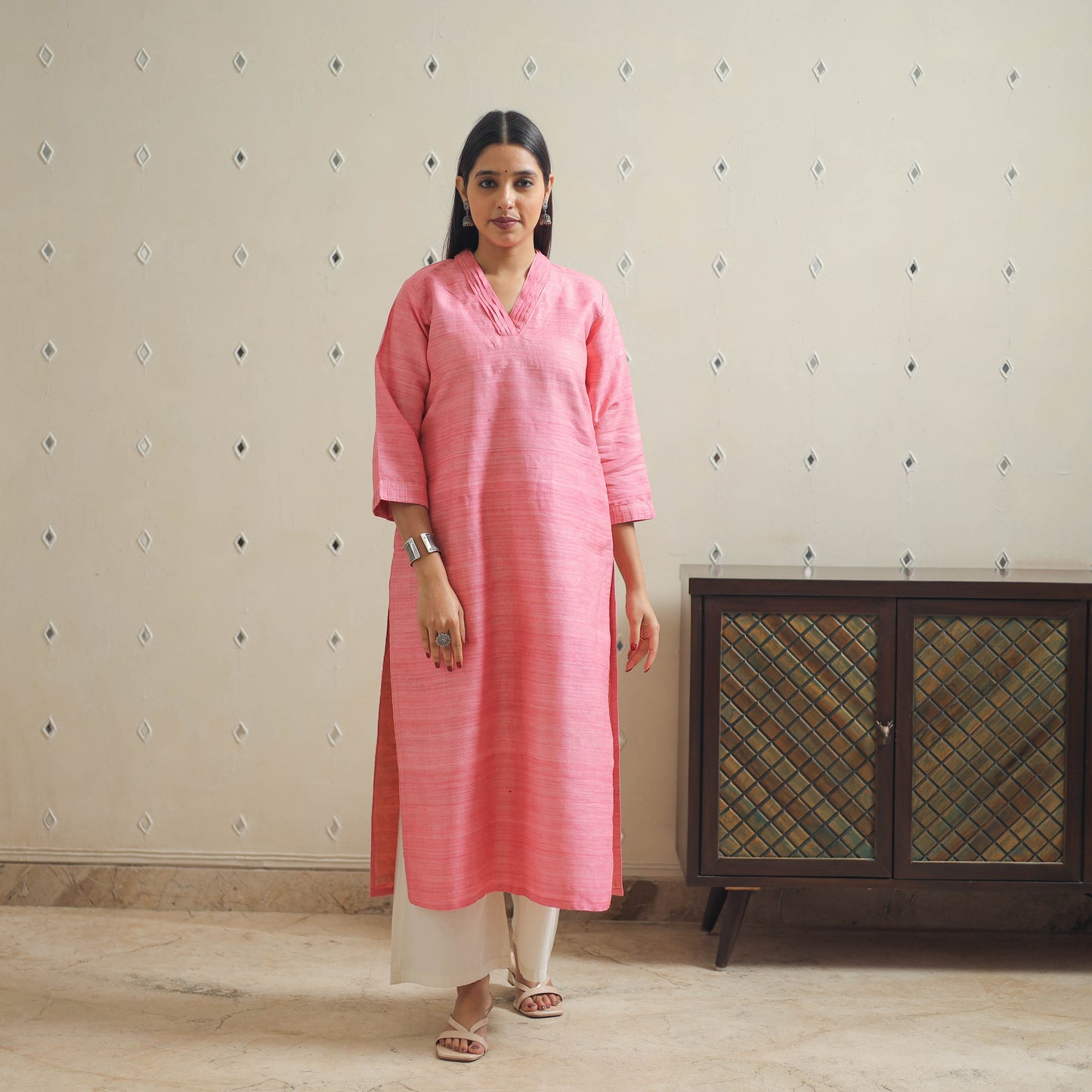 Pink - Bhagalpuri Handwoven Desi Tussar Silk Plain Kurta 08