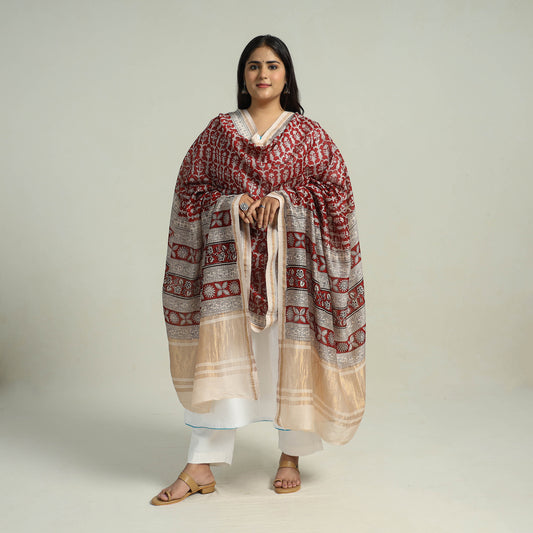 Red - Traditional Maheshwari Silk Bagh Print Dupatta 06