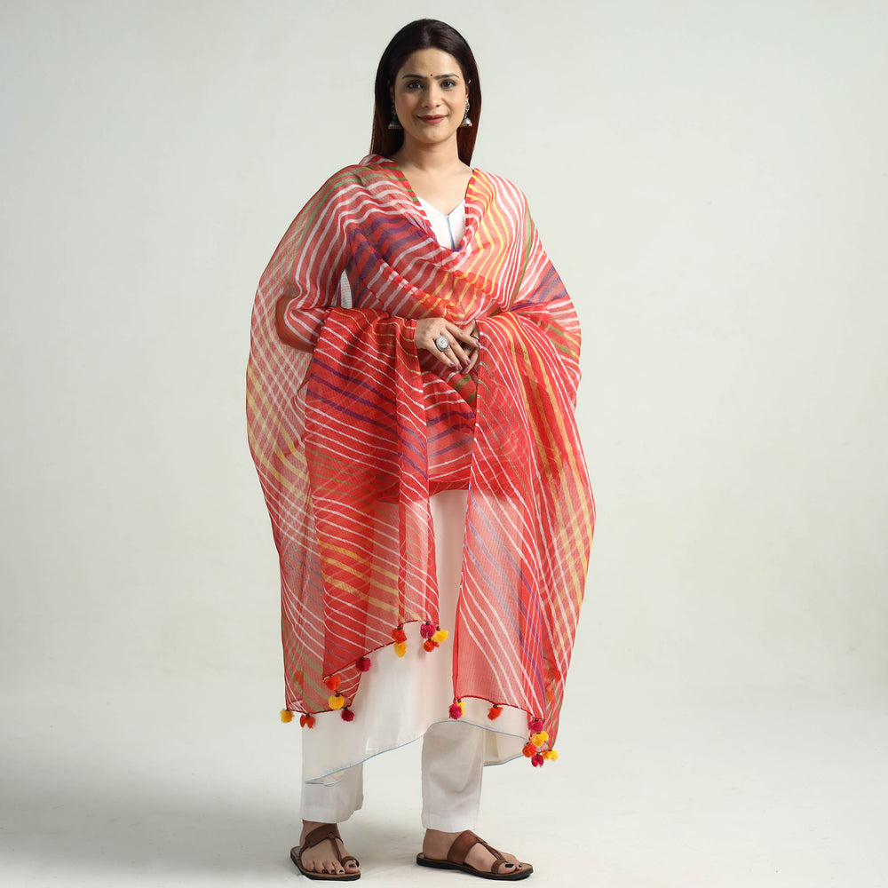 Red - Leheriya Tie-Dye Kota Doria Cotton Dupatta with Tassels 78