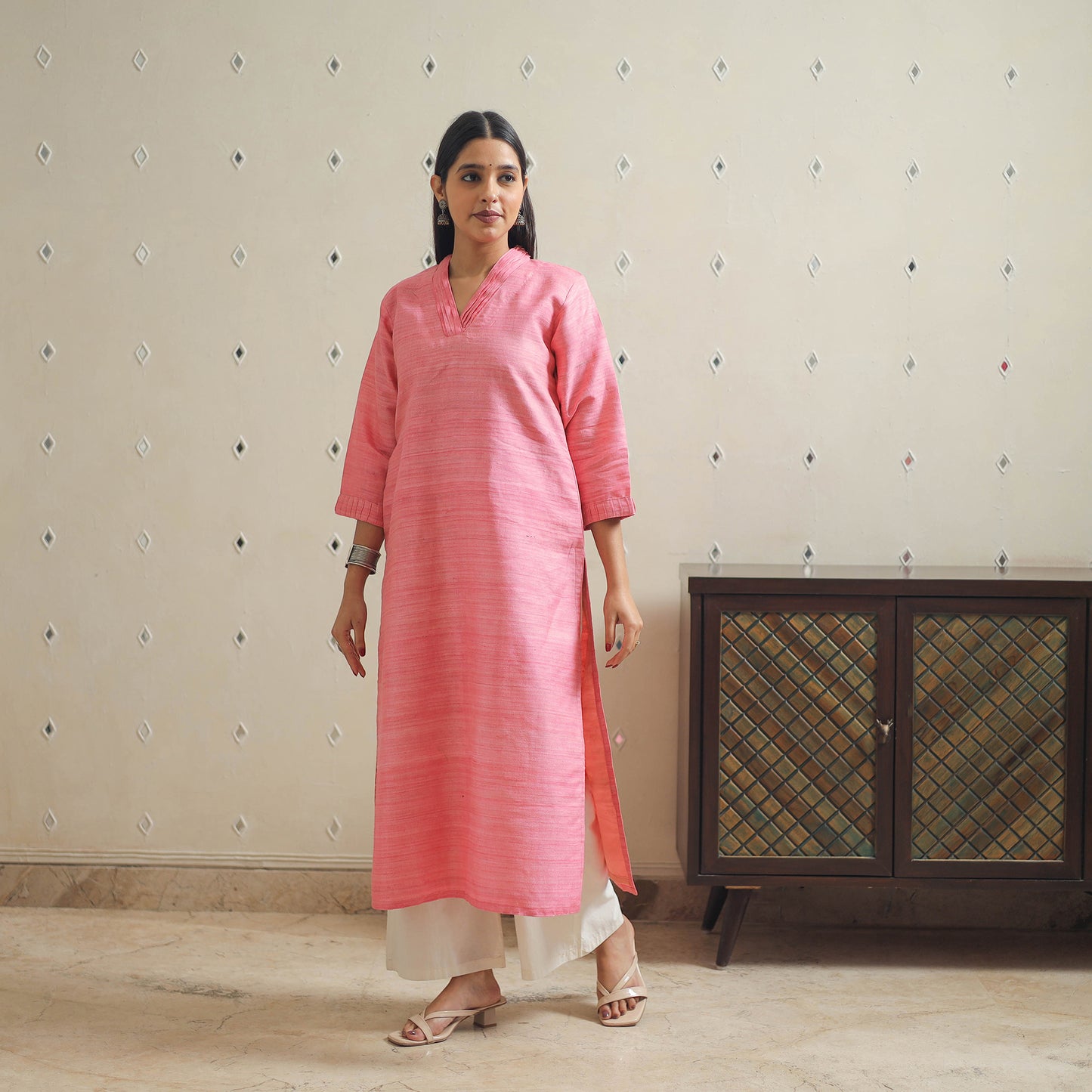 Pink - Bhagalpuri Handwoven Desi Tussar Silk Plain Kurta 08