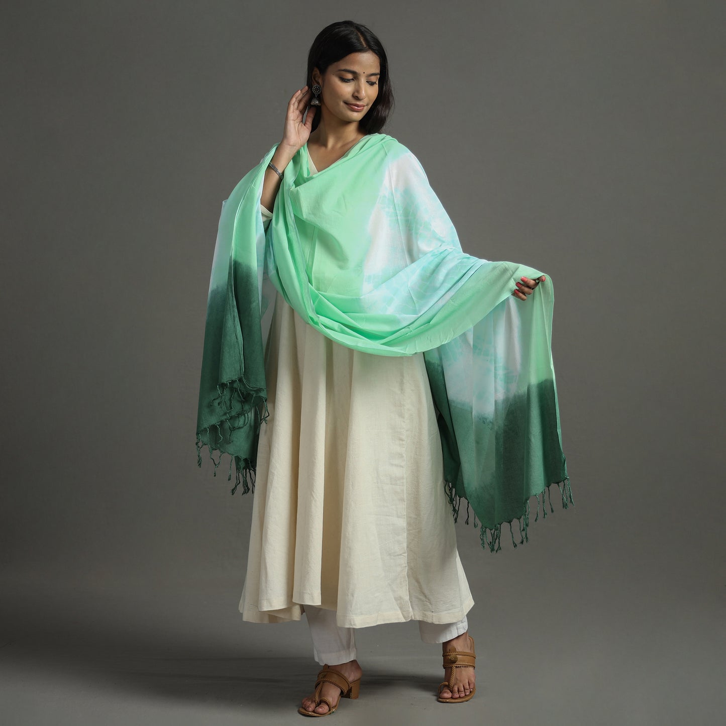 Green - Shibori Tie-Dye Cotton Dupatta with Tassels 93