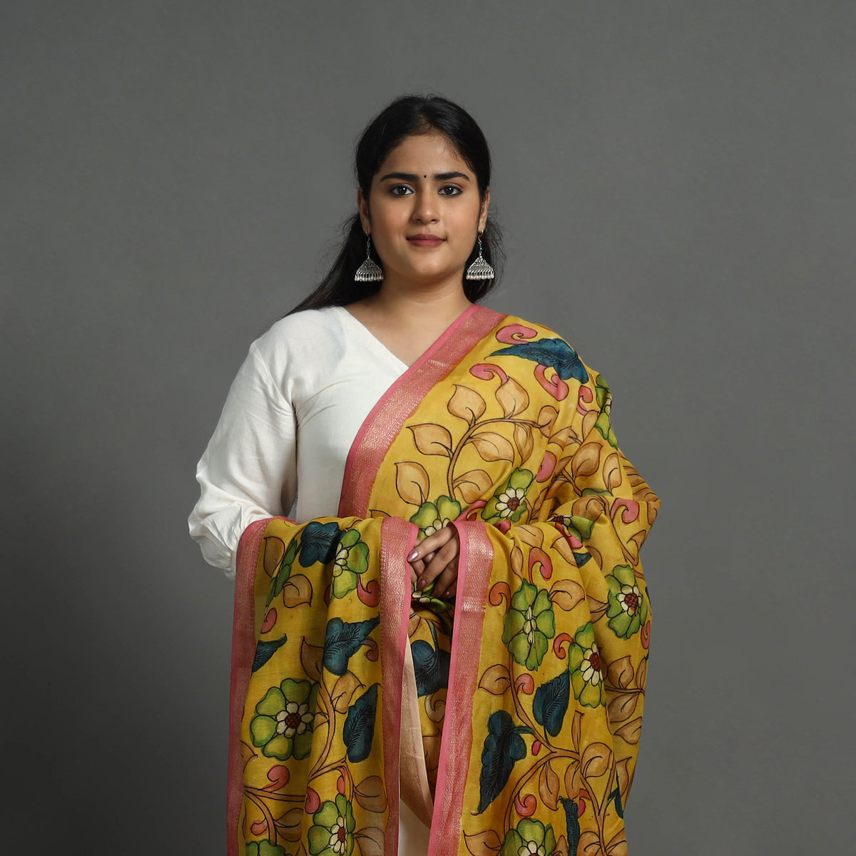 Yellow - Chanderi Silk Handpainted Kalamkari Dupatta 17