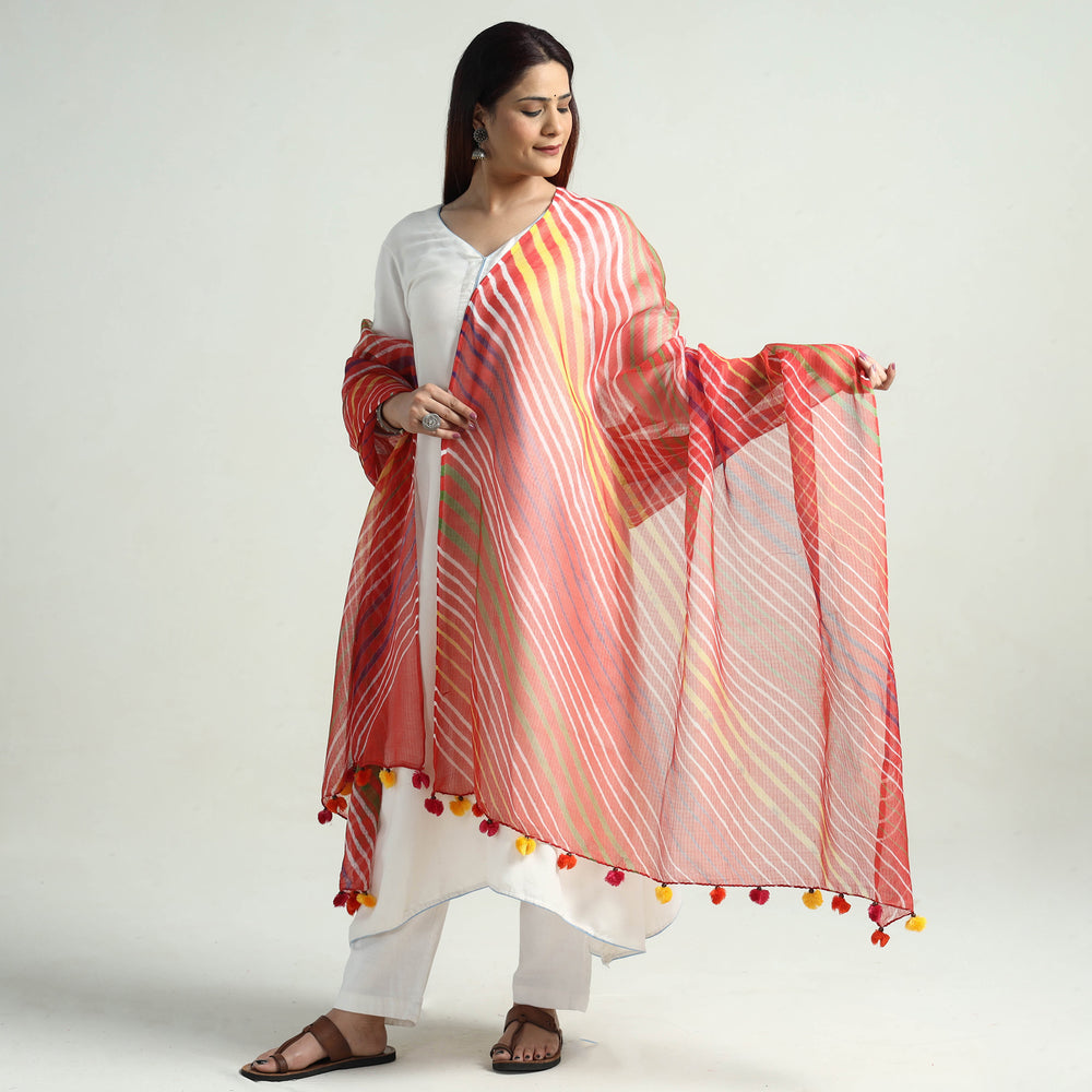 Red - Leheriya Tie-Dye Kota Doria Cotton Dupatta with Tassels 78