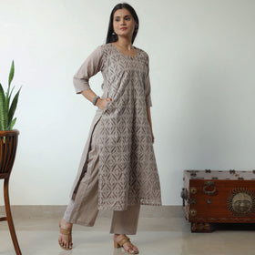 Brown - Applique Cut Work Cotton Kurta with Palazzo & Dupatta Set 07