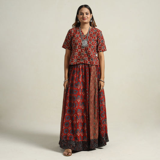 Red - Ajrakh Block Printed 24 Kali Patchwork Cotton Long Skirt 66
