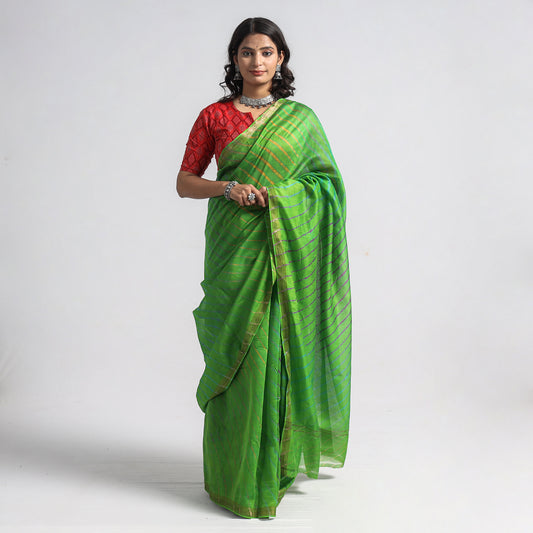 Green - Leheriya Tie-Dye Chanderi Silk Saree with Zari Border